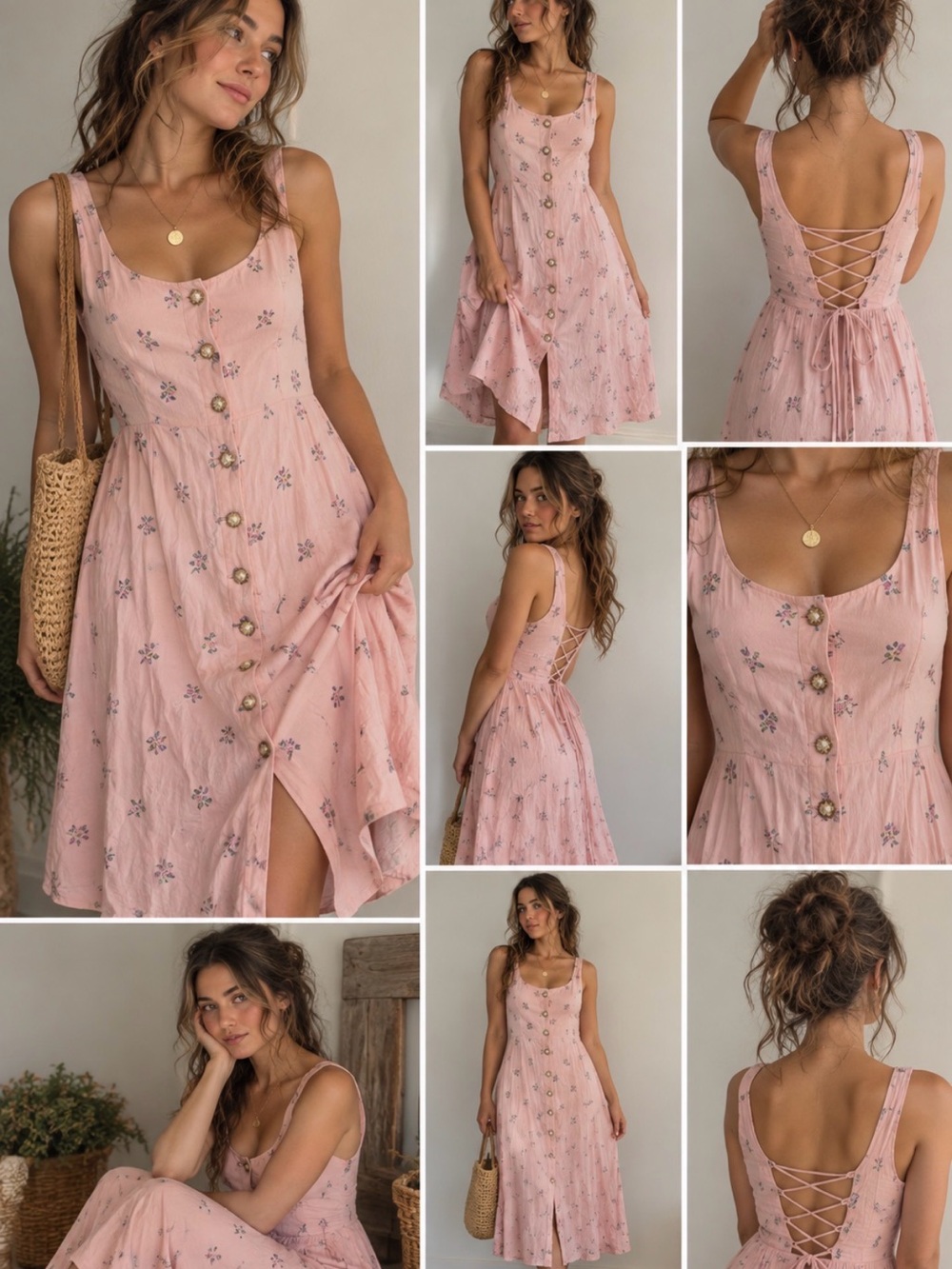 Frederick's of Hollywood True Vintage Pink Floral Button-Front Midi Dress